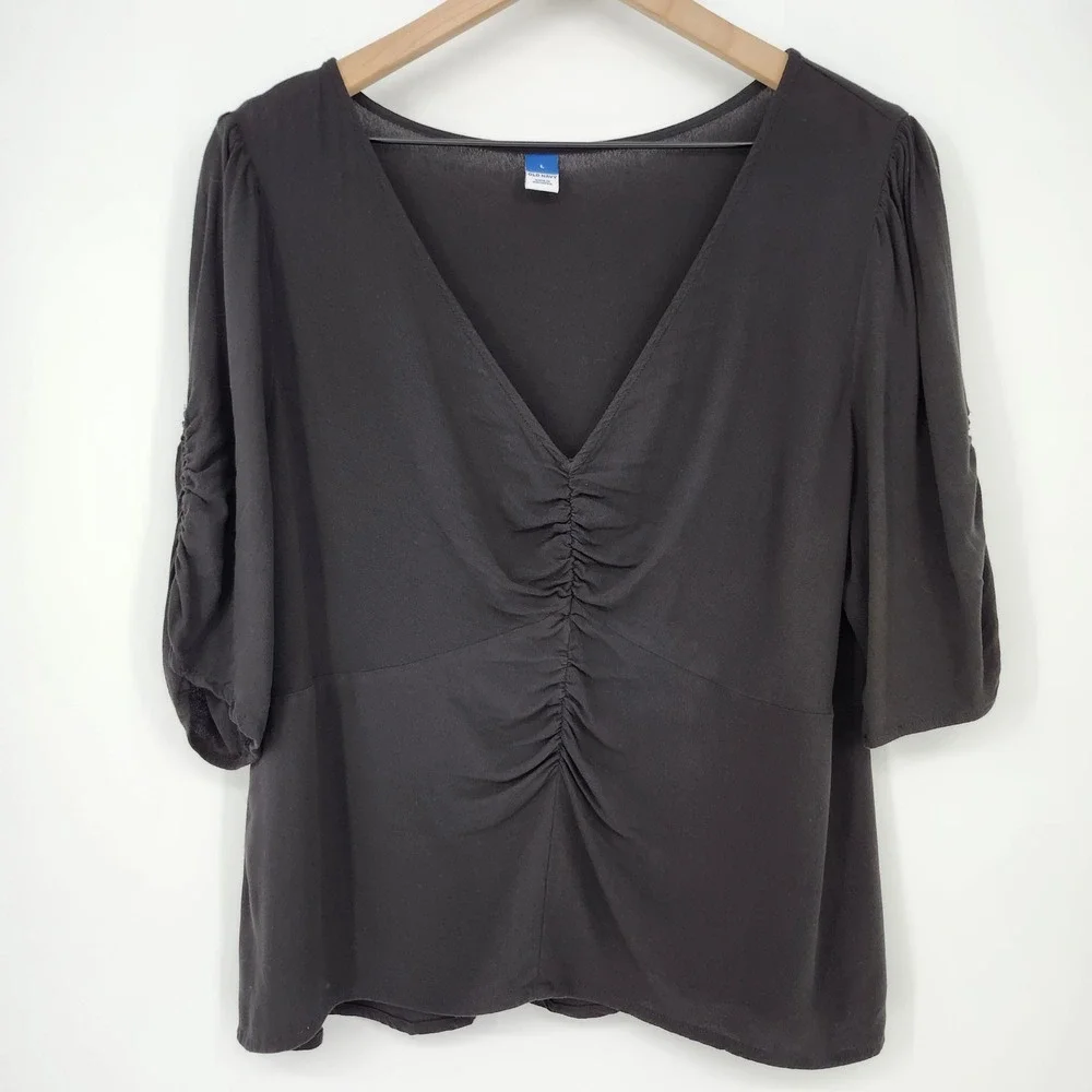 Old Navy Black Ruched V-Neck Puff Sleeve‎ Top Womens Large Going Out Chic